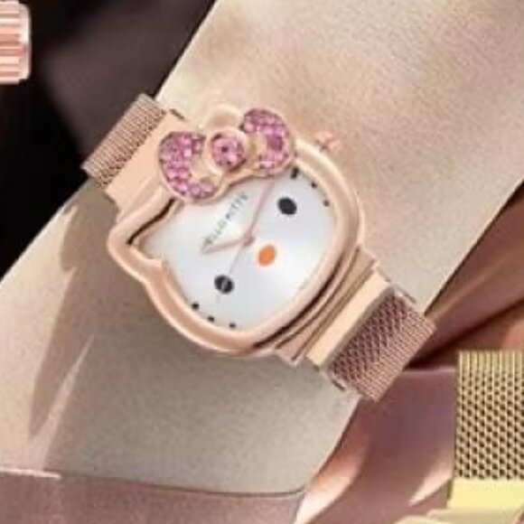 Hello Kitty Watch Rose Gold Tone Kitty Face Pink Bow w/ Crystals Mesh Band NEW - Picture 3 of 3